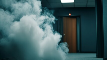 Smoke Filling the Office as the Fire Alarm Rings in a Dimly Lit Corporate Environment
