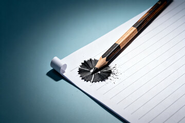 A sharpened pencil resting on lined paper with graphite shavings nearby