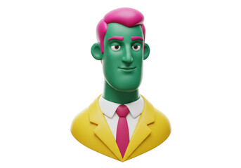 Isolated cartoon green-skinned man with pink hair wearing a yellow suit and pink tie
