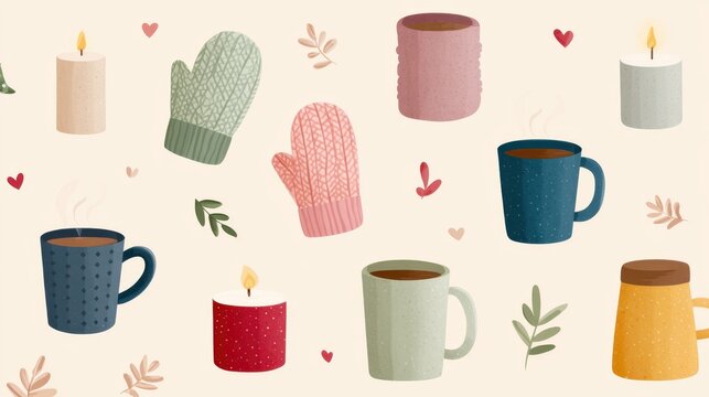 Cozy Winter Vibes: Charming Illustration Featuring Mugs, Candles, and Mittens to Celebrate the Comforts of the Season