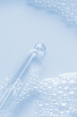 Bubbles of body gel or soap foam or shaving gel. Closeup. Copy space