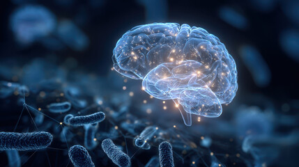 Conceptual representation of a glowing human brain surrounded by bacteria and interconnected neurons, symbolizing neuroscience and microbiome interactions