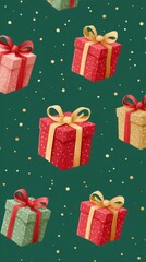 Festively Wrapped Presents with Colorful Ribbons Against a Green Background, Perfect for Holiday Celebrations and Gift-Giving Occasions