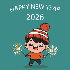 Happy New Year 2026, children celebrating by playing with fireworks