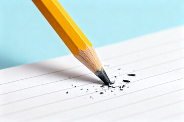 Close-up of a yellow pencil breaking graphite on lined paper