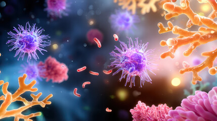 Colorful abstract representation of microorganisms, cells, and coral-like structures against a blurred dark background