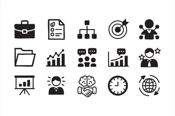 Company planning and productivity vector icons set with graph, target, and folder symbols illustration