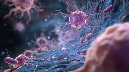 Magnified view of microorganisms with distinct shapes and textures interacting in a colorful and dynamic biological environment