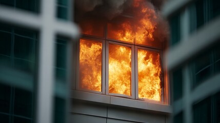 Intense Flames Erupt from Window of Building During Fire Incident with Smoke Billowing in Urban Environment