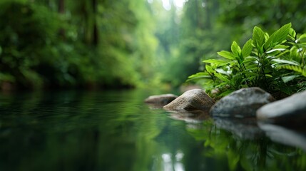 Obraz premium Tranquil Forest River with Peaceful Sounds and Lush Greenery Reflected in Calm Waters