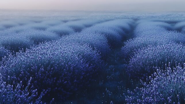 Dreamy purple lavender fields stretching into the distance under soft morning light