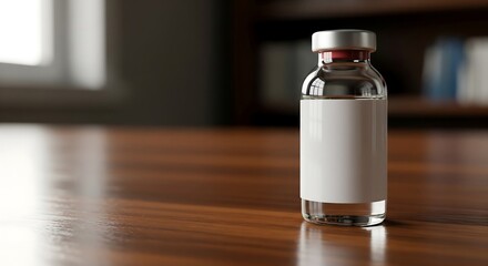 Glass vial with a white label and subtle reflection on a clean desk