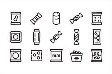 Food packaging vector set of snacks and sweets including chips, popcorn, and candy bars outline illustration