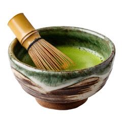 Traditional japanese matcha tea whisk in a ceramic bowl with green tea isolated on transparent background