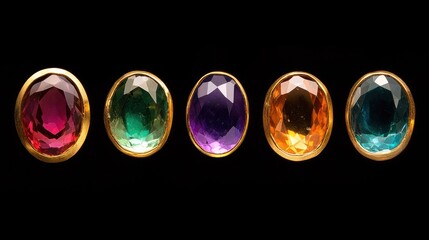 Five colorful gemstones in gold settings on black background.