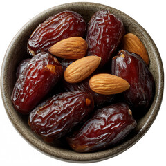 Bowl of fresh dates neatly arranged with almonds isolated on transparent background for healthy snacking