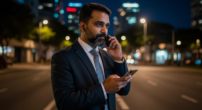 Businessman navigating city streets at night with smartphone communication