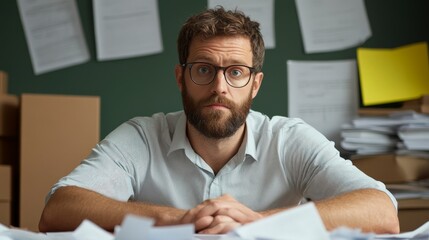 Fototapeta premium Focused Business Owner Sitting at a Cluttered Desk Surrounded by Paperwork and Supplies