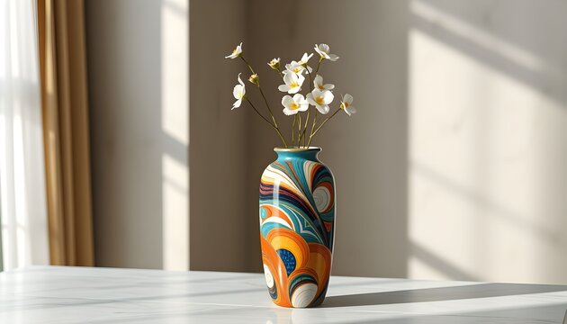 A tall, decorative ceramic vase with a swirling abstract pattern in shades of orange, blue, and white, holding a delicate spray of white flowers. - Powered by Adobe