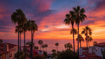 Obraz premium sunset bathes a seaside town in warm hues as tall palm trees frame the view of the calm ocean and colorful sky