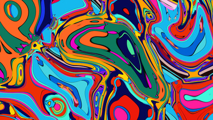 Funky liquid shapes pattern - colorful abstract organic forms on blue background. Retro groovy blobs, flowing curves, psychedelic design elements. Lava lamp style ornament, 70s aesthetic decorations.