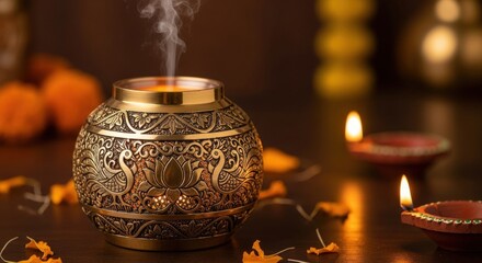 Diwali Festive Glow: Ornamental Pot with Smoke and Traditional Oil Lamps