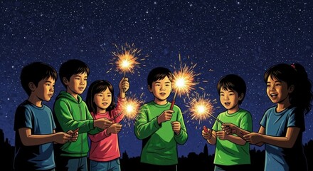 Children Celebrating with Sparklers Under a Starry Night Sky