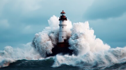 Dramatic Tsunami Waves Crashing Over a Lighthouse Against a Stormy Sky