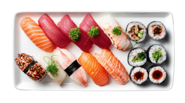 Assortment of fresh sushi and maki rolls on a white platter isolated on transparent background