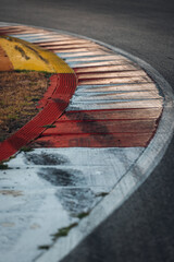 Obraz premium Race Track Curb with Tire Marks – Red, White and Green Kerbs Close-Up