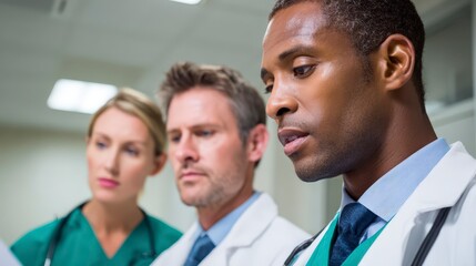 Obraz premium Team of Doctors Collaborating on Medical Charts in a Modern Healthcare Environment