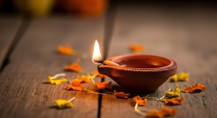 Lit Diya Lamp with Marigold Petals on Wood
