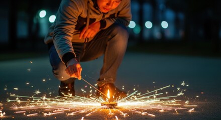 Sparkler Celebration: Young Adult with Fireworks at Night