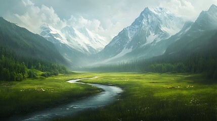 Winding river flows through a green valley surrounded by snow capped mountains