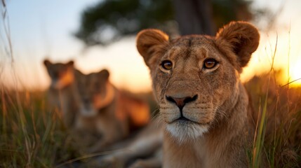 Fototapeta premium Pride of Lions Resting in Dense Tall Grass During a Beautiful Sunset in African Wilderness