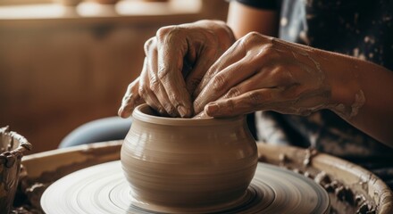 Pottery crafting with hands shaping clay on a spinning wheel in artisan's workshop