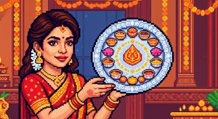Diwali Celebration: Woman Holding Decorated Plate - Pixel Art