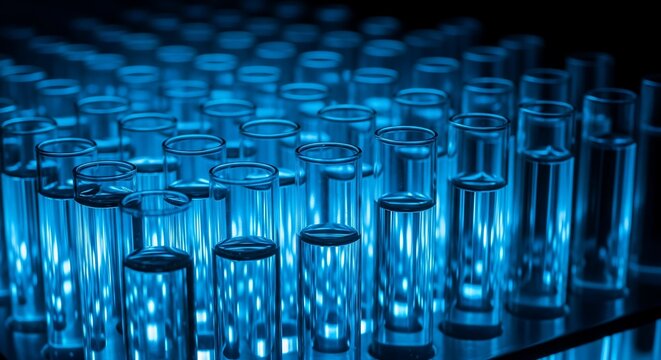 Soft ambient glow over rows of blue liquid filled test tubes