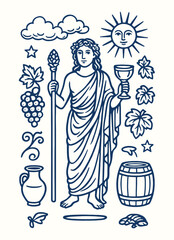 dionysus, god of wine and ecstasy with grapes, cup, and ivy crown, joyful olympian in greek mythology illustration.