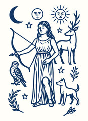 Fototapeta premium artemis, goddess of hunt and moon with bow, deer, and wilderness, virgin protector in greek mythology.