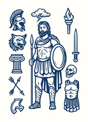 Naklejka premium ares, god of war with armor, spear, and shield, fierce olympian warrior in greek mythology illustration.