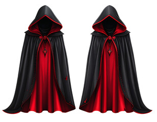 Naklejka premium Two identical black hooded cloaks with red linings