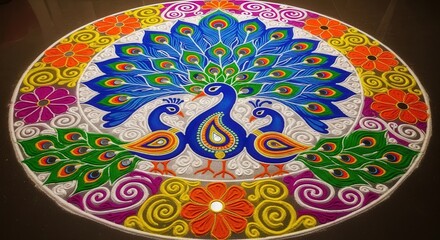 Vibrant Peacock Rangoli Art: Traditional Indian Floor Decoration