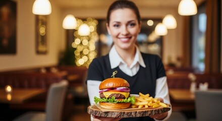 Smiling waitress serving delicious burger and fries in cozy restaurant setting