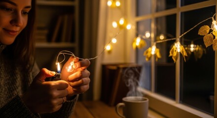 Cozy Evening: Woman with Lights and Hot Drink by the Window
