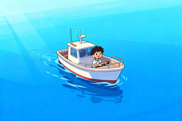 Fototapeta premium A boy sailing a small boat on calm blue water