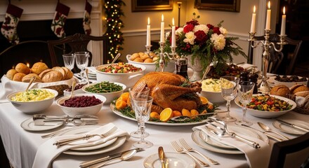 Festive Christmas Dinner Table Setting with Turkey and Decorations