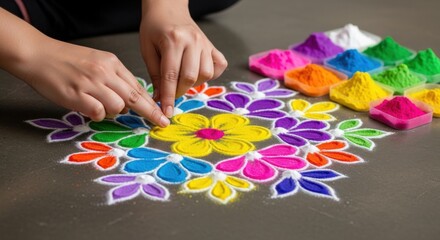 Creating a Colorful Rangoli: Hands Shaping Floral Design