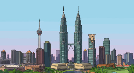 Fototapeta premium Stylized vector illustration of the Kuala Lumpur city skyline with famous towers