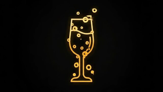 Neon illustration of champagne glass with bubbles on dark background  